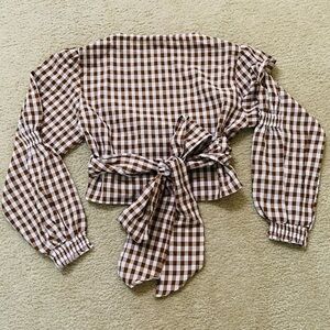 Selfie Leslie Womens Size L Brown White Gingham Crossover Back Tie Crop Top